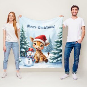 Niedlicher Cartoon Giraffe mit Weihnachtsmannmütze Fleecedecke