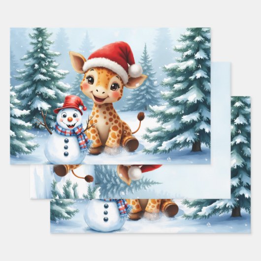 Niedlicher Cartoon Giraffe mit Weihnachtsmannmütze Geschenkpapier Set (Set)
