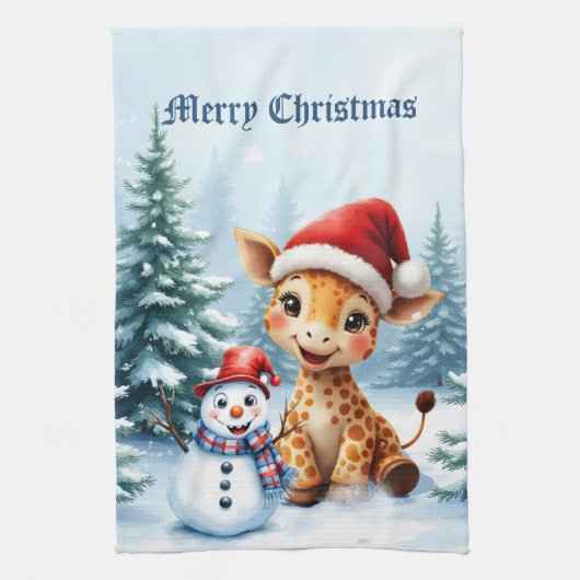 Niedlicher Cartoon Giraffe mit Weihnachtsmannmütze Geschirrtuch (Vertikal)