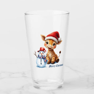 Niedlicher Cartoon Giraffe mit Weihnachtsmannmütze Glas
