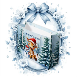 Niedlicher Cartoon Giraffe mit Weihnachtsmannmütze Große Geschenktüte