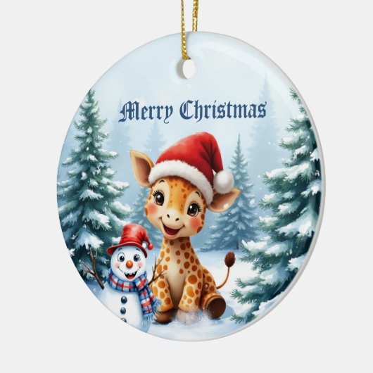 Niedlicher Cartoon Giraffe mit Weihnachtsmannmütze Keramik Ornament (Links)