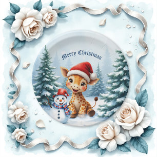 Niedlicher Cartoon Giraffe mit Weihnachtsmannmütze Pappteller