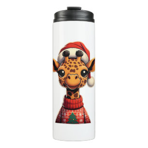 Niedlicher Cartoon Giraffe mit Weihnachtsmannmütze Thermosbecher