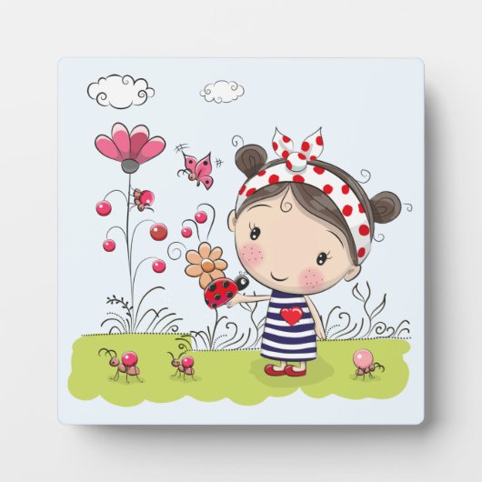 Niedlicher Cartoon Girl mit Ladybug in Garden Scen Fotoplatte (Vorderseite)