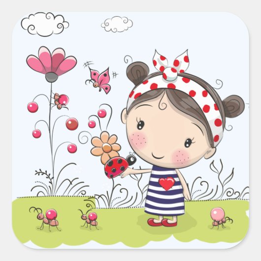 Niedlicher Cartoon Girl mit Ladybug in Garden Scen Quadratischer Aufkleber (Vorderseite)