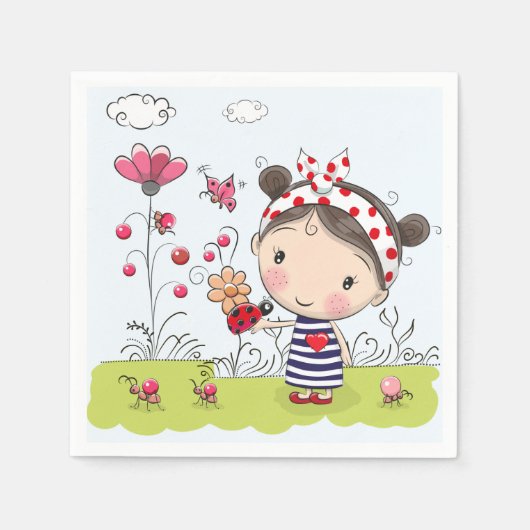 Niedlicher Cartoon Girl mit Ladybug in Garden Scen Serviette (Vorderseite)