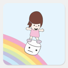 Niedlicher Cartoon Girl on Rainbow w Marshmallow S Quadratischer Aufkleber