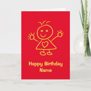 Niedlicher Cartoon Girl Red Yellow Geburtstagskart Karte