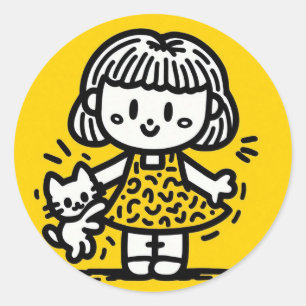 Niedlicher Cartoon Girl with Kitten in Keith Harin Runder Aufkleber