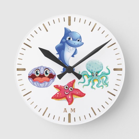 Niedlicher Cartoon Hai Octopus Muschel Runde Wanduhr (Vorderseite)