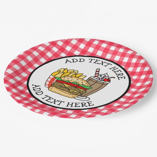 Niedlicher Cartoon Hamburger Barbecue oder Geburts Pappteller (Schrägansicht)