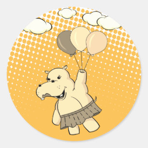 Niedlicher Cartoon Hippo Flug mit Balloons Runder Aufkleber