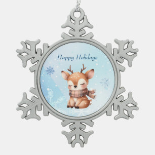 Niedlicher Cartoon Hirsch im Schnee Schneeflocken Zinn-Ornament