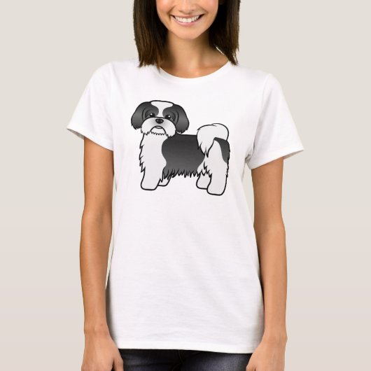 Niedlicher Cartoon-Hund mit schwarzem und weißem S T-Shirt (Vorderseite)