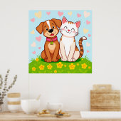 Niedlicher Cartoon Hund und Katze zusammensitzen Poster (Küche)
