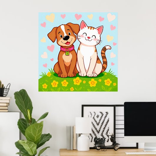 Niedlicher Cartoon Hund und Katze zusammensitzen Poster (Heimbüro)