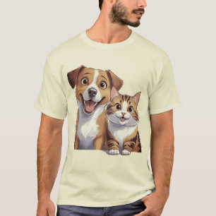 Niedlicher Cartoon Hund und Katzen Kunstdrucken - T-Shirt