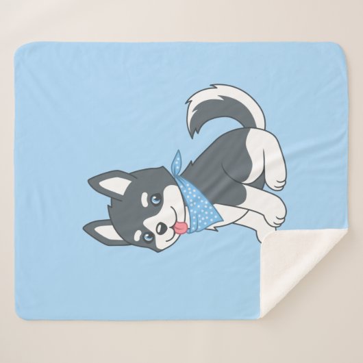 Niedlicher Cartoon Husky Welpenhund auf blau Sherpadecke (Vorderseite (Horizontal))