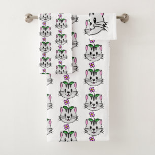 Niedlicher Cartoon Katze mit Blume auf ihrem Kopf Badhandtuch Set