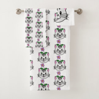 Niedlicher Cartoon Katze mit Blume auf ihrem Kopf Badhandtuch Set