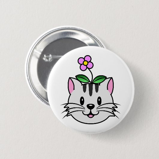 Niedlicher Cartoon Katze mit Blume auf ihrem Kopf Button (Vorne & Hinten)