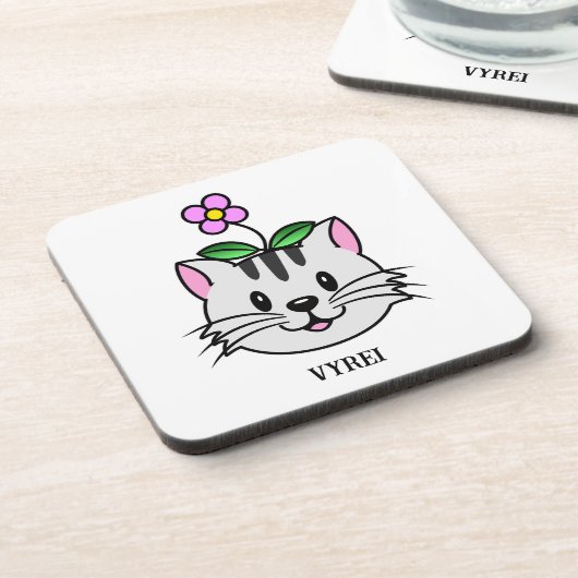Niedlicher Cartoon Katze mit Blume auf ihrem Kopf Getränkeuntersetzer (Linke Seite)