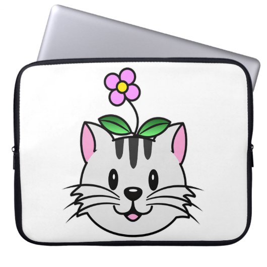 Niedlicher Cartoon Katze mit Blume auf ihrem Kopf Laptopschutzhülle (Vorderseite)