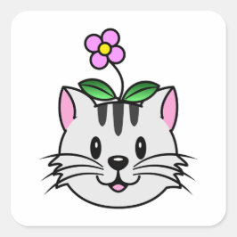 Niedlicher Cartoon Katze mit Blume auf ihrem Kopf Quadratischer Aufkleber