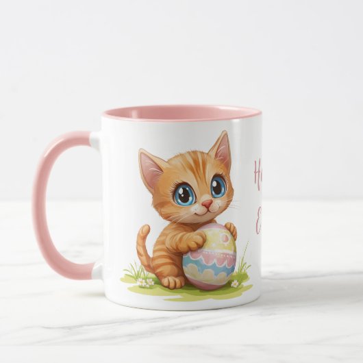 Niedlicher Cartoon Katze umarmend Ostereier Tasse (Links)