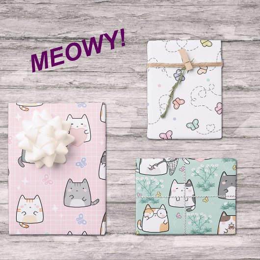 Niedlicher Cartoon Katzen und Schmetterlinge Sprin Geschenkpapier Set