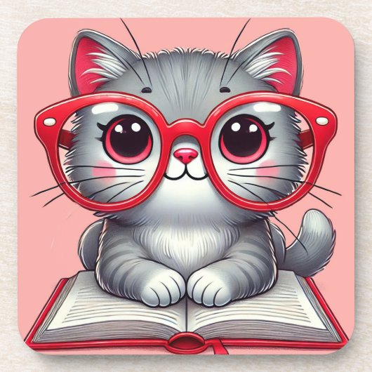Niedlicher Cartoon Katzenbrille tragen Getränkeuntersetzer (Vorderseite)