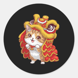 Niedlicher Cartoon Kawaii Cat Lion Tancing Chinesi Runder Aufkleber