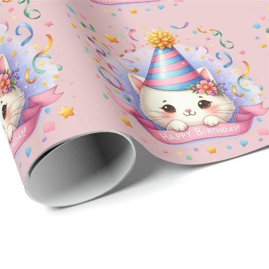 Niedlicher Cartoon Kawaii Kitty Cat Happy Birthday Geschenkpapier (Rolleneckpunkt)