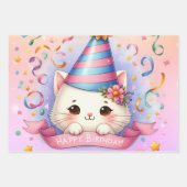 Niedlicher Cartoon Kawaii Kitty Cat Happy Birthday Geschenkpapier Set (Vorderseite)
