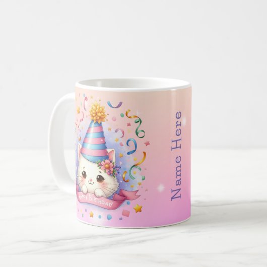 Niedlicher Cartoon Kawaii Kitty Cat Happy Birthday Kaffeetasse (Vorderseite Links)