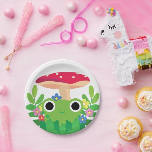 Niedlicher Cartoon-Kernfrosch mit Pilz Pappteller (Party)