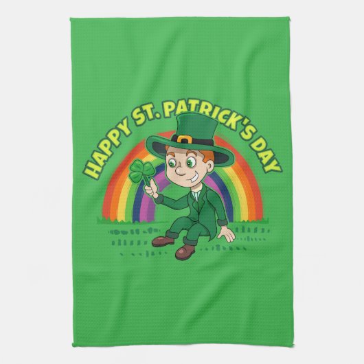 Niedlicher Cartoon-Kobold mit Kleeblatt und Regenb Geschirrtuch (Vertikal)