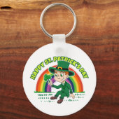Niedlicher Cartoon-Kobold mit Kleeblatt und Regenb Schlüsselanhänger (Vorderseite)