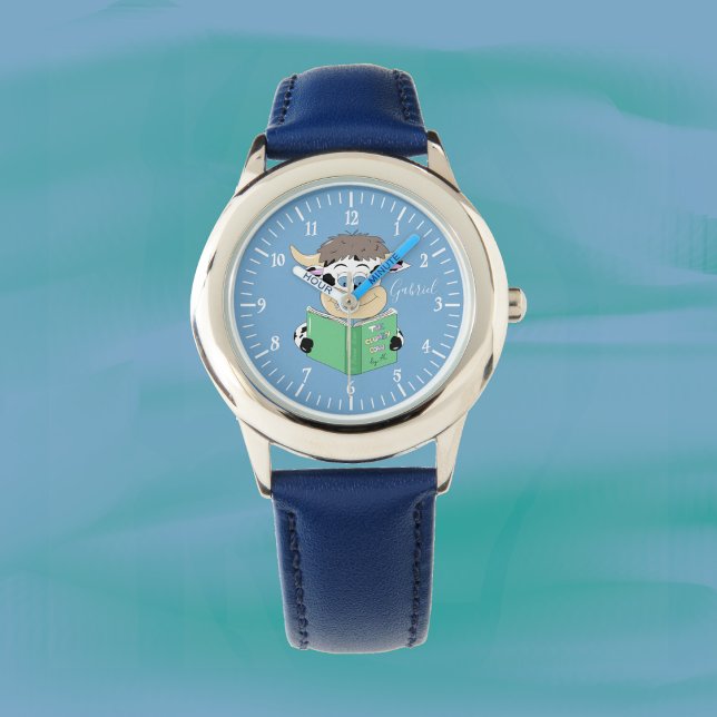 Niedlicher Cartoon Kuh Boy Blue Watch lesen Armbanduhr (Cartoon reading cow boy blue watch .)