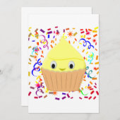 Niedlicher Cartoon Lemon Cupcake mit Confetti Invi Einladung (Vorne/Hinten)