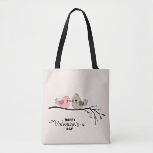 Niedlicher Cartoon Lovebirds auf dem Ast Valentins Tasche
