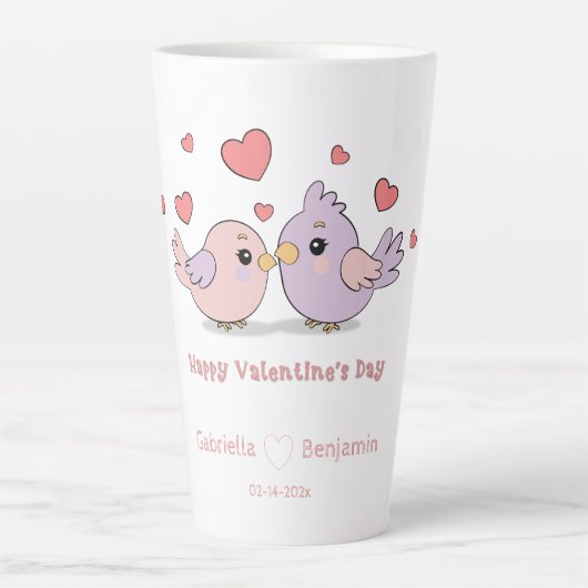 Niedlicher Cartoon Lovebirds Rosa Herzchen Valenti Milchtasse (Vorderseite)