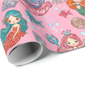 Niedlicher Cartoon Mermaids auf rosa Hintergrund Geschenkpapier (Rolleneckpunkt)