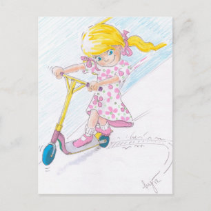 Niedlicher Cartoon Microscooter-Girl-Micro-Scooter Postkarte