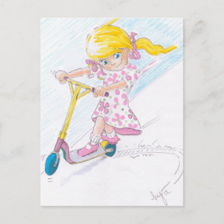 Niedlicher Cartoon Microscooter-Girl-Micro-Scooter Postkarte