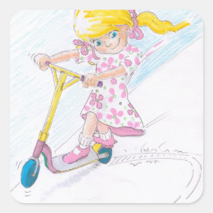 Niedlicher Cartoon Microscooter-Girl-Micro-Scooter Quadratischer Aufkleber