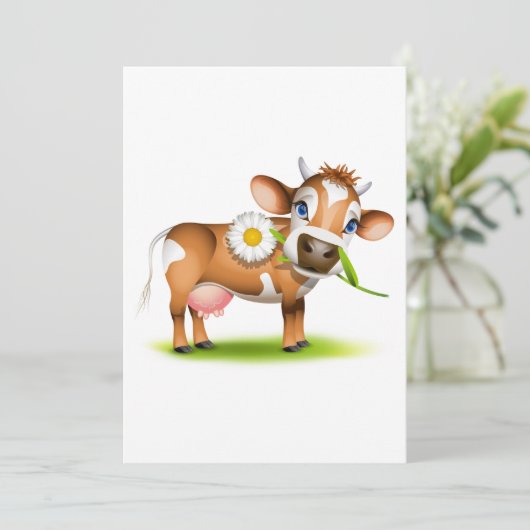 Niedlicher Cartoon Milchkühe mit Blume und Gras Einladung (Stehend Vorderseite)