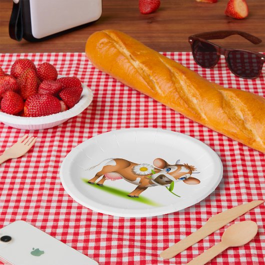 Niedlicher Cartoon Milchkühe mit Blume und Gras Pappteller