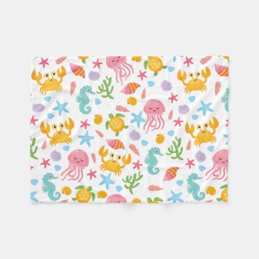 Niedlicher Cartoon Ocean Sea Seashell, Starfish Su Fleecedecke (Vorderseite (Horizontal))